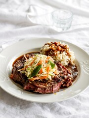 a pristine white ceramic plate showcasing a perfectly cooked beef steak.