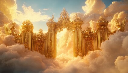 Golden gates to heaven, opulent, ornate, on clouds