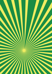 Green background with yellow rays. Sun burst and starburst. Retro texture with light sunburst. Abstract pattern with sunlight. Art with green and yellow stripes.