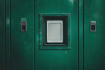 A blank screen tablet is recessed into a weathered, dark teal metal cabinet, flanked by two keycard slots