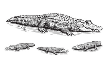 Engraved alligator resting in swamp with textured back closed eyes relaxed posture natural wetland background feel © Gabut Stock