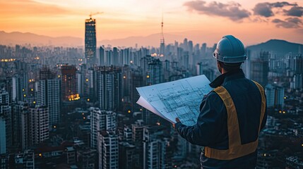 Construction engineer reviewing blueprints against a city skyline. 