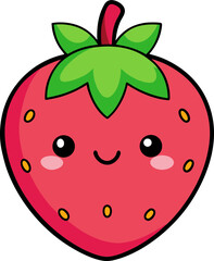 Cartoon strawberry with green leaves and smiling face in kawaii style for vector icons or fruit graphics