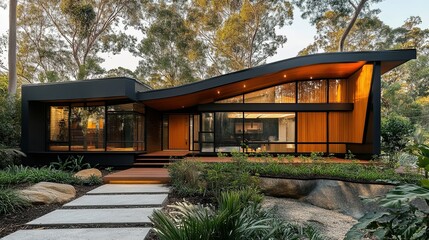 Contemporary house with a striking facade and warm color palette.