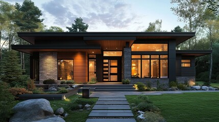 Contemporary house with a striking facade and warm color palette.