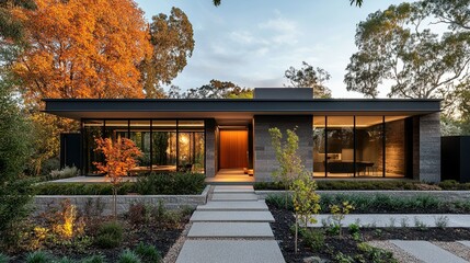 Contemporary house with a striking facade and warm color palette.