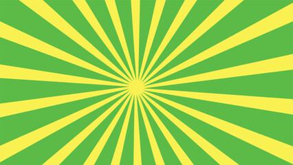 Green background with yellow rays. Sun burst and starburst. Retro texture with light sunburst. Abstract pattern with sunlight. Art with green and yellow stripes.