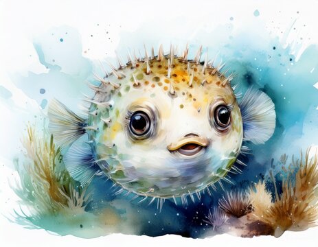 S&uuml;&szlig;er Kugelfisch in Aquarell &ndash; pastellige Ozeanwelt
