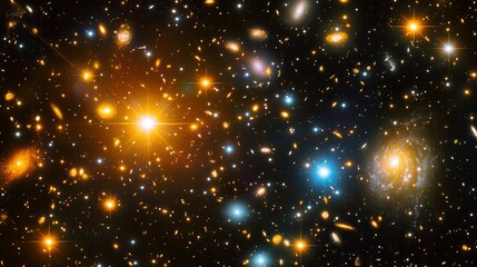 Cosmic scene filled with bright stars, planets, and nebulae. 