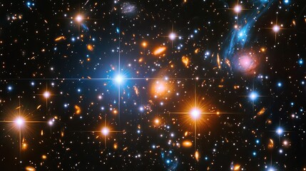 Cosmic scene filled with bright stars, planets, and nebulae. 