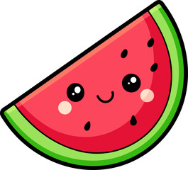 Kawaii watermelon slice with smiling face and red pulp in cartoon vector for kids fruit clipart design
