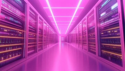 Fototapeta premium Neon-lit server room hallway (2)