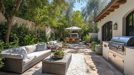 Cozy backyard patio with comfortable seating and a built-in grill. -