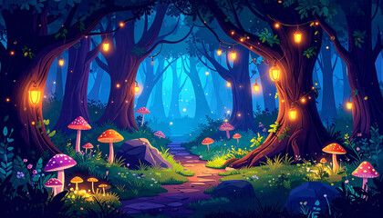 Fototapeta premium Enchanting night forest path illuminated by glowing lanterns hanging from trees, mushrooms and wildflowers line the way