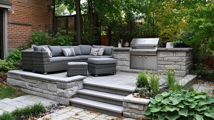 Cozy backyard patio with comfortable seating and a built-in grill. -