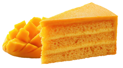 Mango-flavored cake slice on white background, no shadow