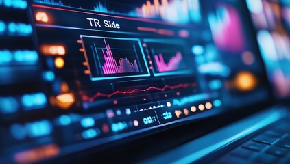 Close-up of a laptop screen displaying financial charts with vibrant colors and data