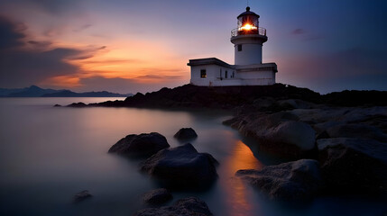 Fototapeta premium Lighthouse at Sunset on Rocky Coastline