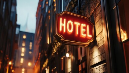 Retro hotel sign at night, city buildings
