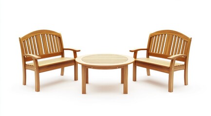 Light-colored wood outdoor furniture set. Two matching, curved-back benches flank a round table