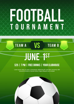 Football tournament poster vector illustration. A soccer ball in front of goal.