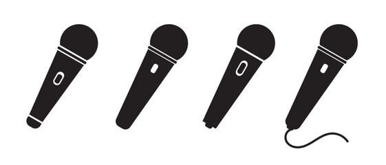 Microphone Icons set isolated on white background. Different microphone collection in black color. Podcast mike, journalist microphone, karaoke, conference, sing symbol. vector illustration.