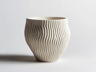Off-white ceramic vessel, subtly curved form, vertically ribbed with undulating lines, cast shadow, minimalist aesthetic