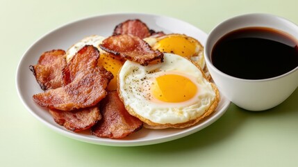 Delicious Breakfast Plate Featuring Crispy Bacon Eggs and Fresh Coffee