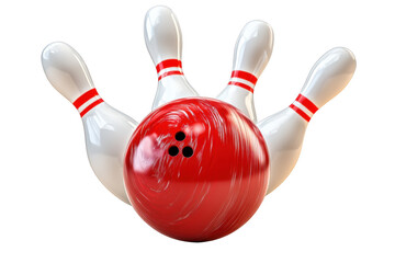 Red bowling ball striking down white pins
