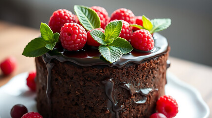 Delicious Chocolate Cake with Fresh Berries and Mint Garnish for Dessert