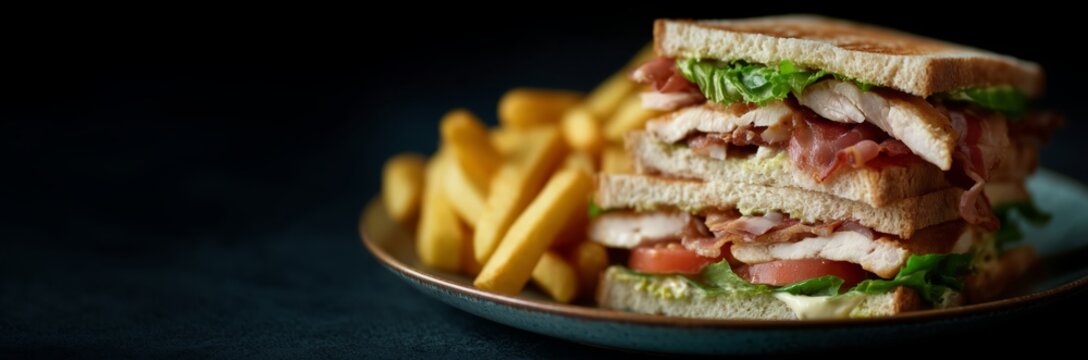 Delicious chicken and bacon club sandwich with crisp fries on plate for tasty lunch