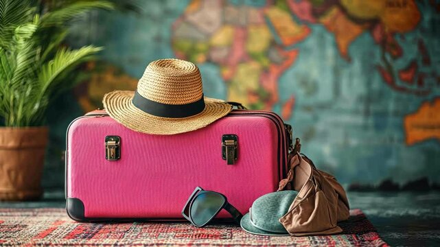 pink suitcase with straw hat sunglasses and bag against a world map background ready for travel