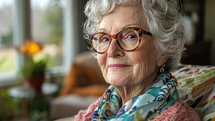 Portrait of a smiling Caucasian senior woman with glasses in a cozy interior, soft afternoon light - Powered by Adobe