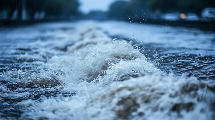 City canal, turbulent water, evening