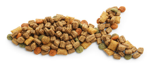 Fish shape made of dry pet food isolated on white, top view