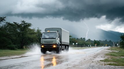 Fototapeta premium Headlights cut through rain as truck crosses flooded road