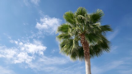 Palm tree is standing tall in a blue sky. The sky is mostly clear with a few clouds scattered around. The palm tree is the main focus of the image, and it is reaching for the sky
