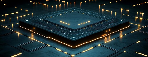 Futuristic chip, glowing lines, dark tech