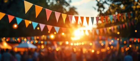 Sunset Festival Celebration: Colorful Bunting and Blurred Crowd