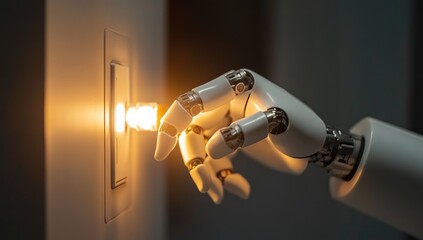 Robotic hand turning on a light switch.  A white robotic arm activates a light switch, illuminating the bulb