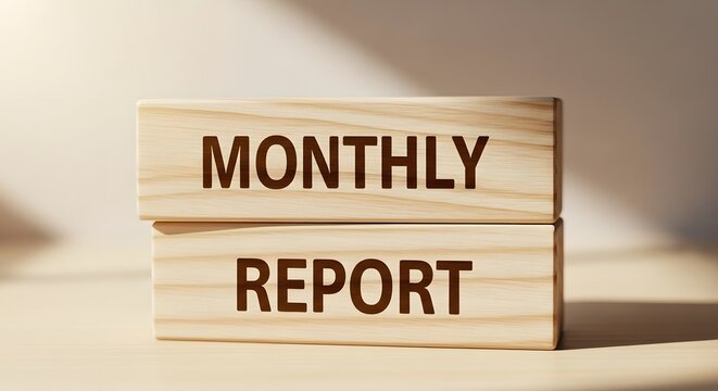 Phrase 'Monthly Report' displayed on rustic wooden blocks, representing consistent data review

