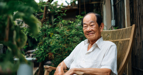 Tranquil senior moment: elderly asian man relaxing on a rocking chair outdoors