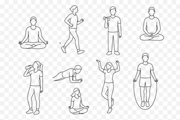 Minimalist Line Art Set of Fitness, Exercise, and Wellness Activities – Workout and Yoga Vector Pack
