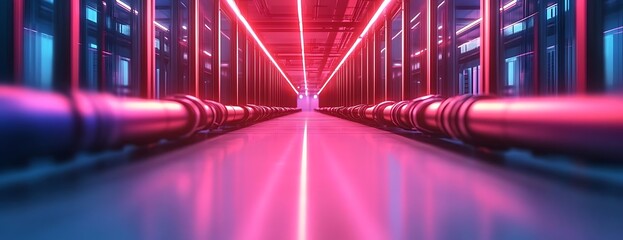 Neon server room, data center, cooling pipes