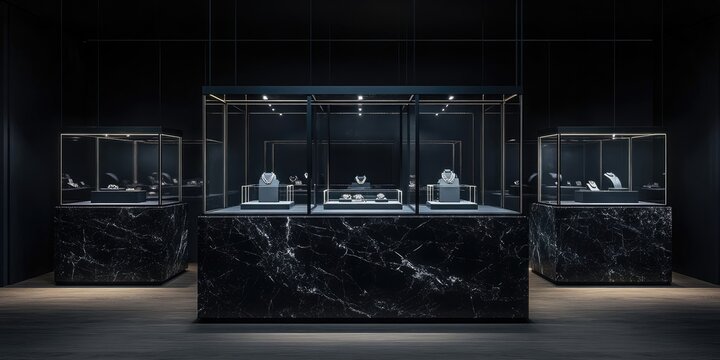 Dark, modern jewelry showroom with three glass display cases showcasing exquisite pieces on black marble counters under subtle lighting