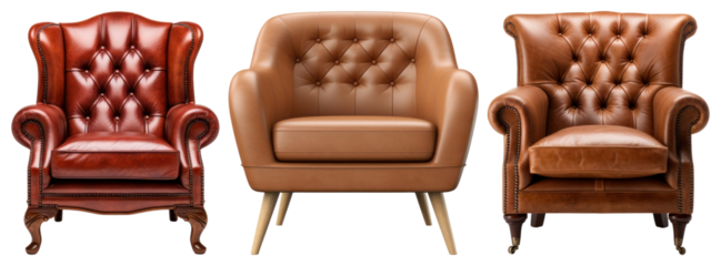 PNG Elegant vintage leather armchairs collection, element set on transparent background