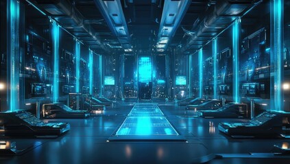 Futuristic, glowing corridor with advanced tech