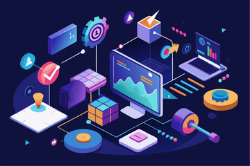 Business person interacting with a futuristic digital marketing interface, showcasing online advertising analytics, data charts, email marketing, and campaign performance metrics on a virtual screen. 