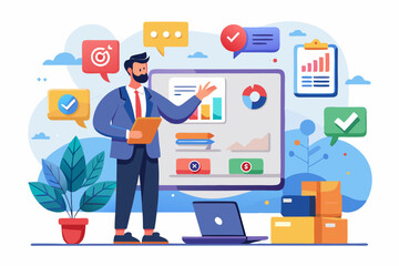 Fototapeta premium Business person interacting with a futuristic digital marketing interface, showcasing online advertising analytics, data charts, email marketing, and campaign performance metrics on a virtual screen. 