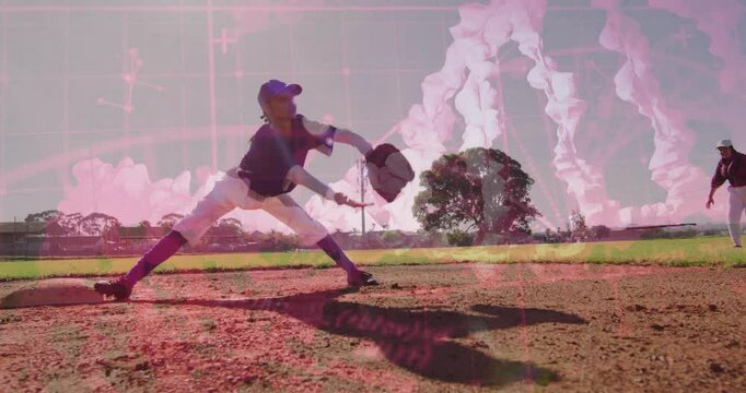 With ground ball, female baseball infielder fielding ball with glove and throwing to first base